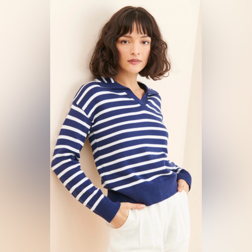 Flat White striped polo knit sweater